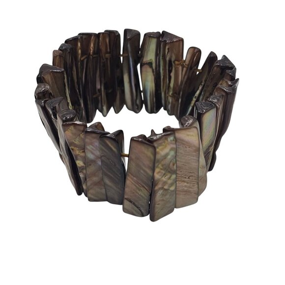 Women's Arm Wristlet Wide Iridescent Abalone Shell Stretchy Bracelet Jewelry - Picture 5 of 13